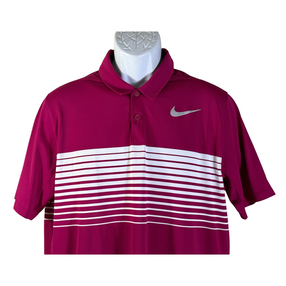 Nike Golf Polo Shirt Mens Large Pink Striped Dri-FIT Short Sleeve Standard Fit - Picture 2 of 5
